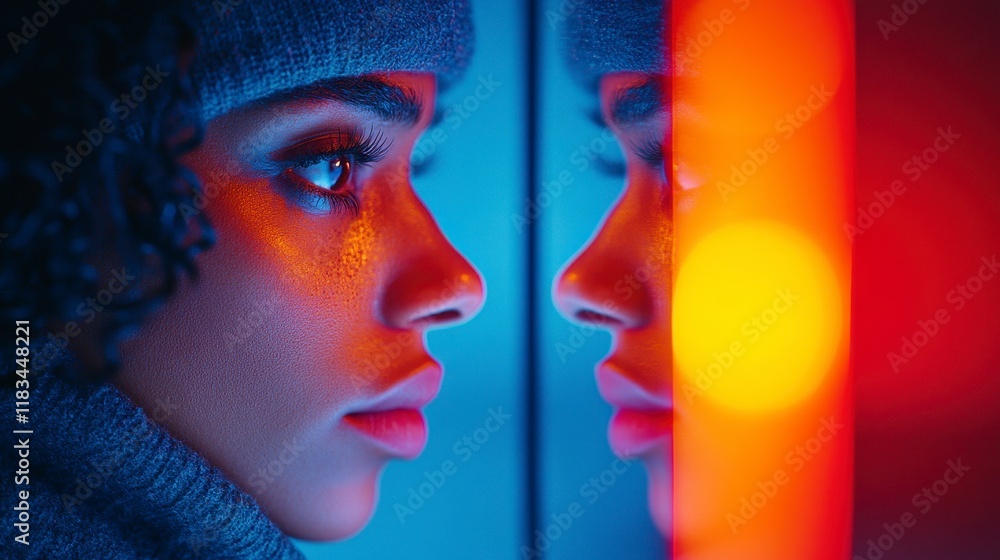Fototapeta premium A contemplative young woman gazes at her reflection, illuminated by vibrant colors, showcasing a blend of urban style and introspective mood