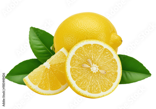 Whole fresh lemon and a half lemon with juicy pulp, accompanied by vibrant green leaves, isolated on white background