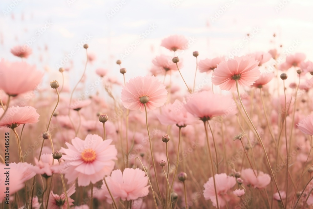 Obraz premium Pink flowers in a field sky landscape outdoors.