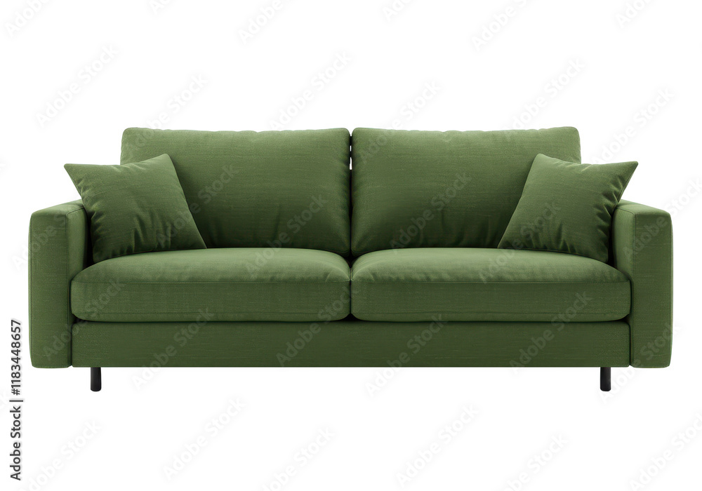 Modern green fabric sofa with two large cushions and two side pillows, isolated on white background Modern green fabric sofa with two large cushions and two side pillows, isolated on white background
