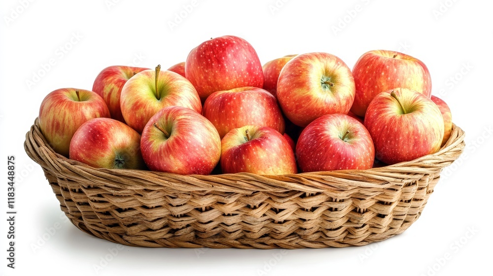Fresh apples arranged in a basket, beautifully displayed on a white background, highlight the vibrant colors and textures of these delicious apples in an appealing way. Fresh apples arranged in a basket, beautifully displayed on a white background, highlight the vibrant colors and textures of these delicious apples in an appealing way.
