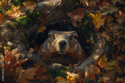 Groundhog day, groundhog coming from the burrow, groundhog portrait  photo