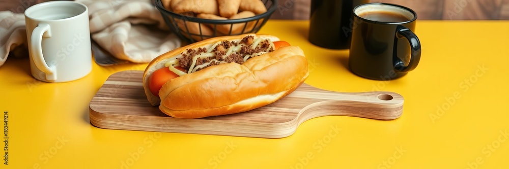 Hot dog and cup of coffee on wooden board against yellow background, rustic aesthetic, relaxing, yellow background Hot dog and cup of coffee on wooden board against yellow background, rustic aesthetic, relaxing, yellow background