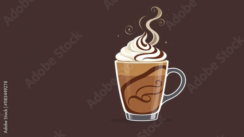 Illustration of a flat design caffe mocha coffee cup adorned with chocolate swirls and topped with whipped cream, drink, beverage, latte photo