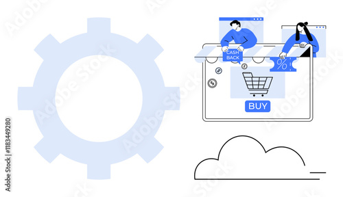 People shopping online with cashback and discounts on a laptop screen. Gear and cloud elements included. Ideal for e-commerce, technology integration, web development, digital marketing, online