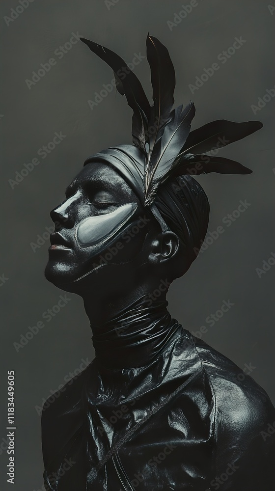Mysterious Monochrome Fashion Portrait: Dark Elegance and Feathers Mysterious Monochrome Fashion Portrait: Dark Elegance and Feathers
