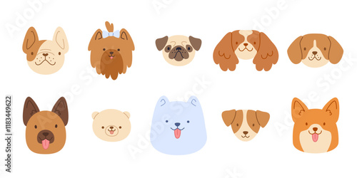 Dogs faces cute set. Flat vector collection of pets faces. Different breeds bundle.