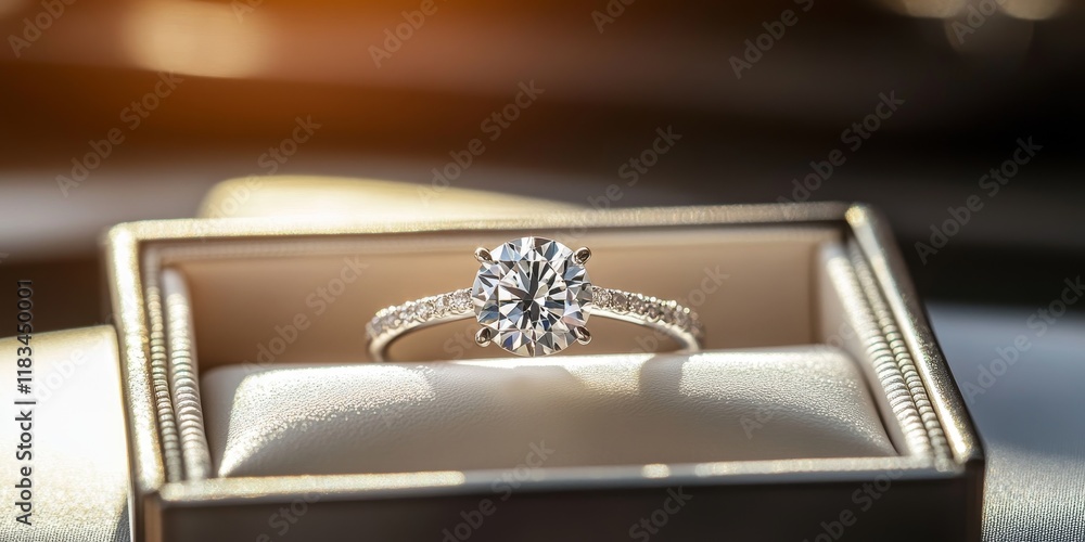 Elegant engagement ring displayed in a box on the table, showcasing the stunning design and brilliance of the engagement ring, perfect for symbolizing love and commitment. Elegant engagement ring displayed in a box on the table, showcasing the stunning design and brilliance of the engagement ring, perfect for symbolizing love and commitment.