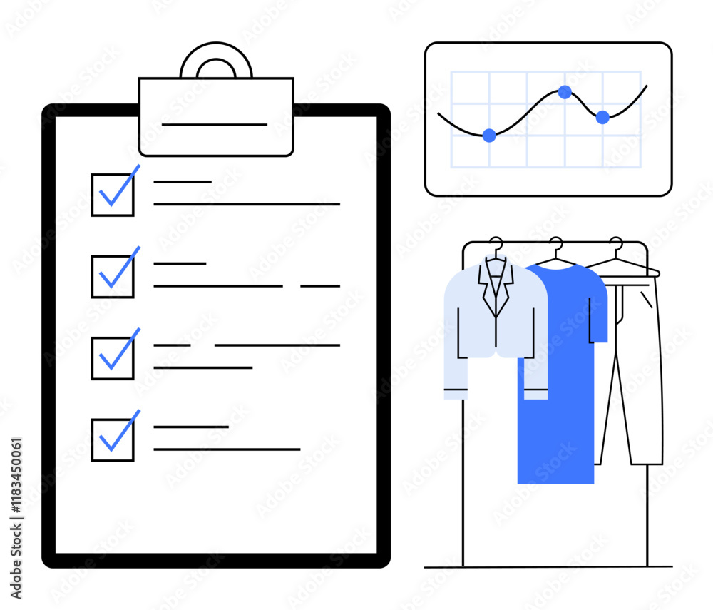 Checklist with check marks, marketing graph with a line chart, clothing rack with shirts and trousers. Ideal for business planning, inventory management, retail, fashion industry, organization Checklist with check marks, marketing graph with a line chart, clothing rack with shirts and trousers. Ideal for business planning, inventory management, retail, fashion industry, organization