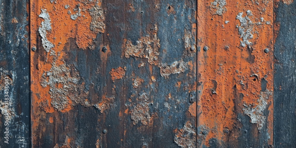 A close up view showcasing the texture of old, rusty painted metal, revealing the intricate details and patterns formed over time on the surface of this weathered metal texture. A close up view showcasing the texture of old, rusty painted metal, revealing the intricate details and patterns formed over time on the surface of this weathered metal texture.