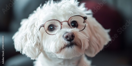 A white dog experiences the unique moment of trying on eyeglasses for the first time, showcasing a delightful and amusing encounter with eyewear for pets. photo