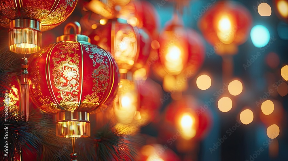 Chinese new year festival idea. A vibrant display of traditional red lanterns glowing at night, celebrating culture and festivity. Chinese new year festival idea. A vibrant display of traditional red lanterns glowing at night, celebrating culture and festivity.