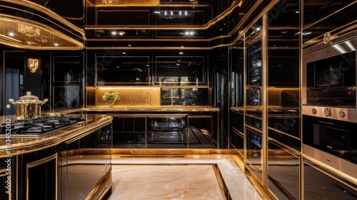 Luxurious kitchen with glossy cabinets, a large island with a built-in stove, and golden accents for an elegant touch.