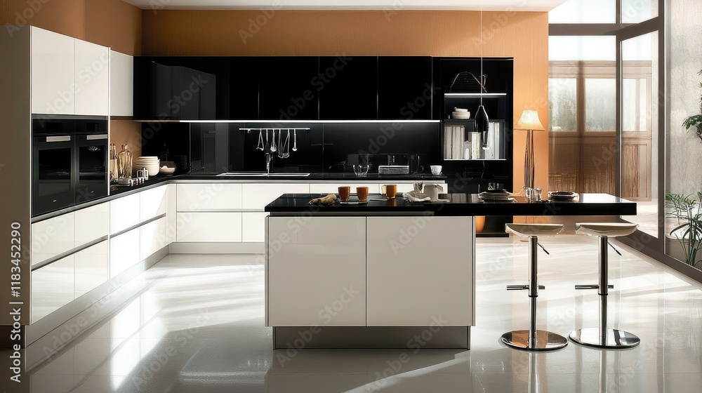 Minimalist kitchen with black and white decor, handleless cabinets, and a clean island countertop with bar stools. Minimalist kitchen with black and white decor, handleless cabinets, and a clean island countertop with bar stools.