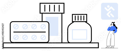 Woman standing with hand on chin pondering pharmaceutical bottles and pill blister pack on shelf. Ideal for health decisions, medication management, pharmacy, healthcare, patient choices, daily