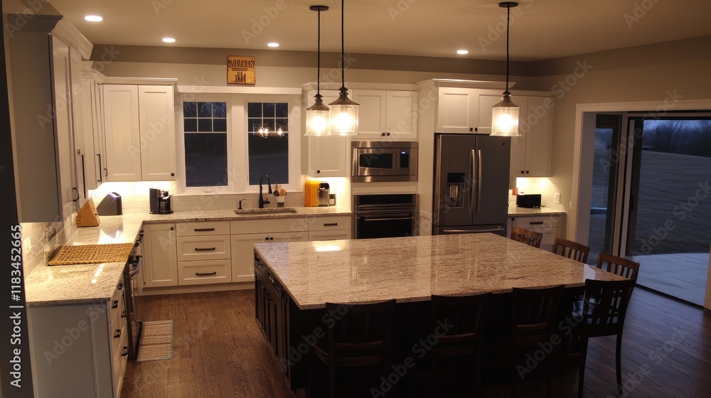 Modern kitchen with sleek white cabinets, a marble countertop, and stainless steel appliances, illuminated by pendant lights. Modern kitchen with sleek white cabinets, a marble countertop, and stainless steel appliances, illuminated by pendant lights.