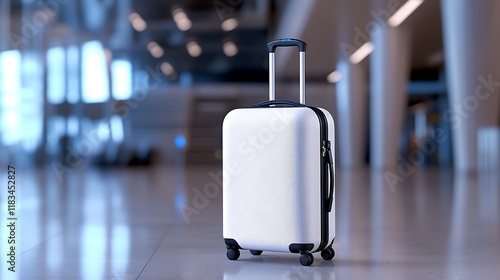 White suitcase in airport terminal. photo