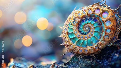 Ultra-detailed image of a fossilized ammonite, spiral chambers and suture patterns in focus, mineralizations creating vibrant colors, shot on professional DSLR camera photo