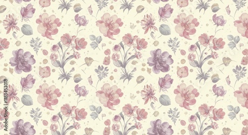 A beautiful vintage floral pattern with pastel flowers on a cream background,pastels digital paper watercolor florals seamless pattern
