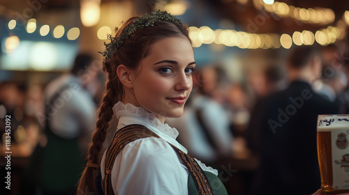 Smiling woman in traditional Bavarian dress at Oktoberfest photo