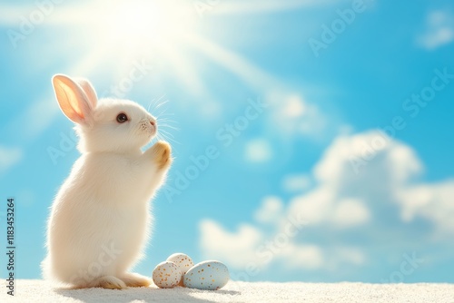 White Rabbit Standing on Hind Legs with Easter Eggs Under Blue Sky. Sunny Background Highlights Bright and Cheerful Scene. Perfect for Spring and Easter Themes. Cute and Symbolic. AI generated photo