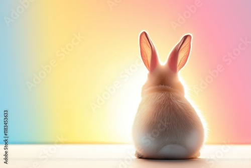 Bunny Silhouette with Bright Ears Glowing Against Rainbow Background. Artistic and Minimalistic Scene Evoking Spring and Joyful Atmosphere. Perfect for Creative and Festive Concepts. AI generated photo