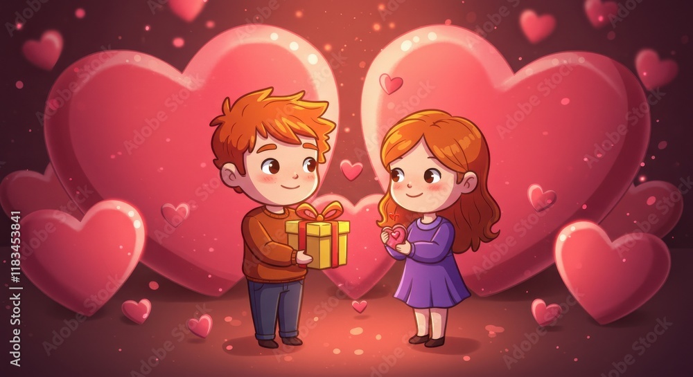romantic cartoon couple exchanging gifts surrounded by glowing pink heart shapes romantic cartoon couple exchanging gifts surrounded by glowing pink heart shapes