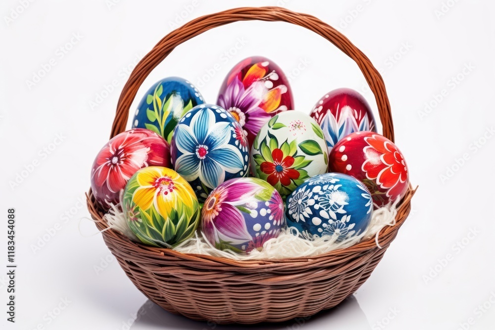 Easter eggs painted basket easter white background. Easter eggs painted basket easter white background.