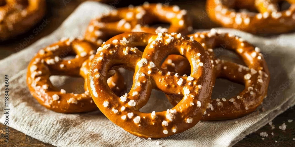 Salted bretzels arranged on a linen napkin, showcasing their delicious texture and flavor. A close up view highlights the salted bretzels appeal for snack lovers. Salted bretzels arranged on a linen napkin, showcasing their delicious texture and flavor. A close up view highlights the salted bretzels appeal for snack lovers.
