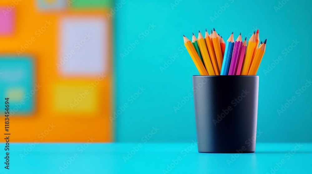 Fototapeta premium A collection of vibrant colored pencils in a black pot against a soft blue background with geometric shapes