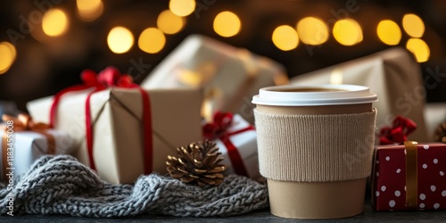 Wallpaper Mural Coffee cup with gifts in the background, creating a cozy atmosphere. This image beautifully showcases a coffee cup alongside delightful gifts, perfect for capturing a warm, inviting moment. Torontodigital.ca