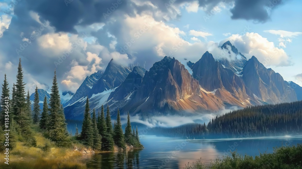 Lake surrounded by lush green pine trees and snow capped mountains Lake surrounded by lush green pine trees and snow capped mountains