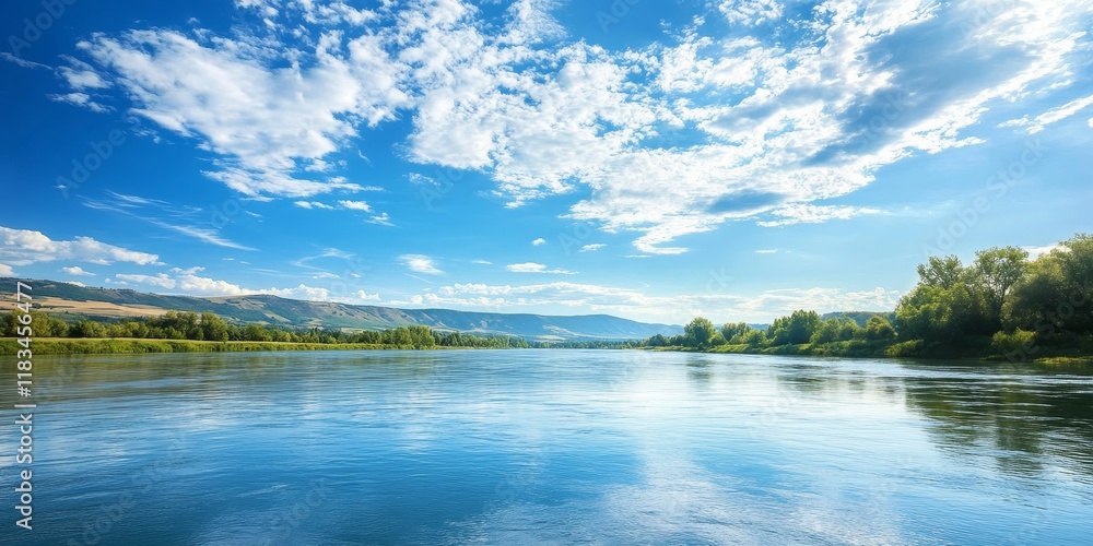 Obraz premium Scenic river view featuring an expansive open sky. The clean, blue sky harmonizes beautifully with the river, creating a charming image that showcases the captivating combination of river and sky.