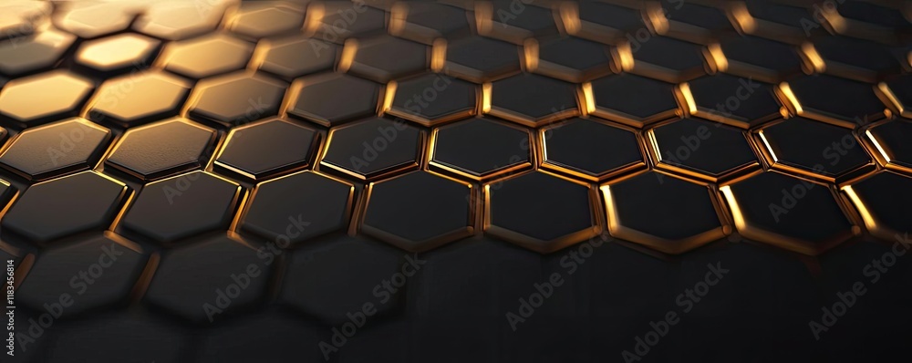 Gold abstract background idea. Close-up of a textured hexagonal pattern with a golden glow on a dark background.