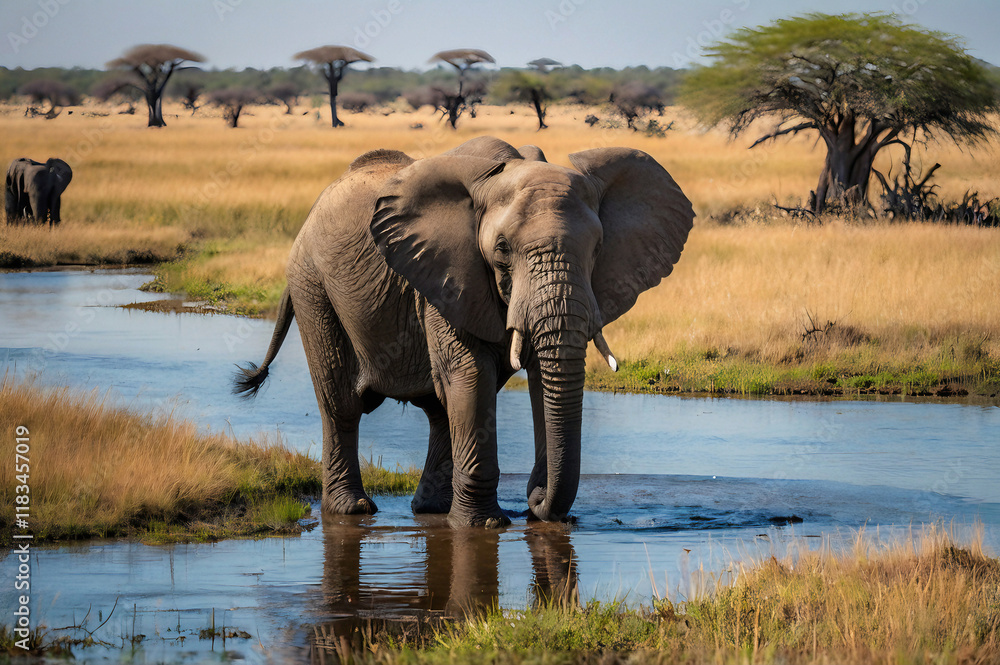 Obraz premium Africa, Botswana, Chobe National Park, African Elephant (Loxodonta Africana) stands at edge of water hole in Savuti Marsh