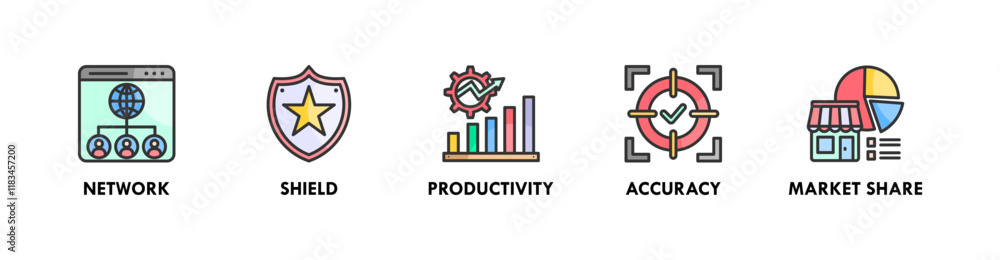 Key Performance Indicators banner web icon illustration concept with icon of network, shield, productivity, accuracy, and market share Key Performance Indicators banner web icon illustration concept with icon of network, shield, productivity, accuracy, and market share
