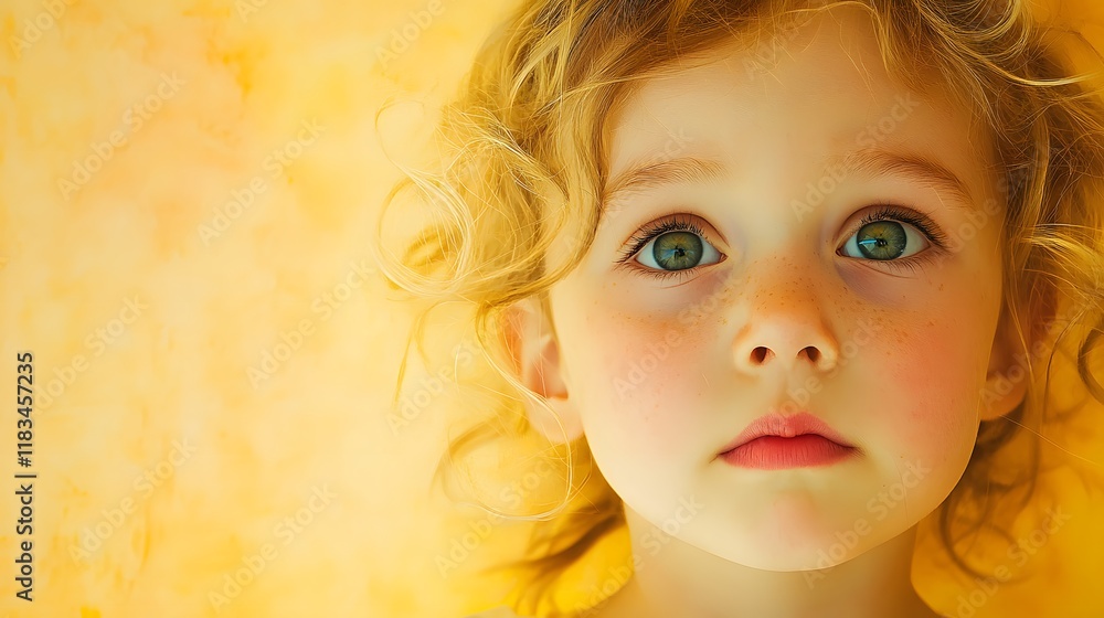 Fototapeta premium A child with a sad, downturned mouth and eyes full of emotion, against a soft yellow background