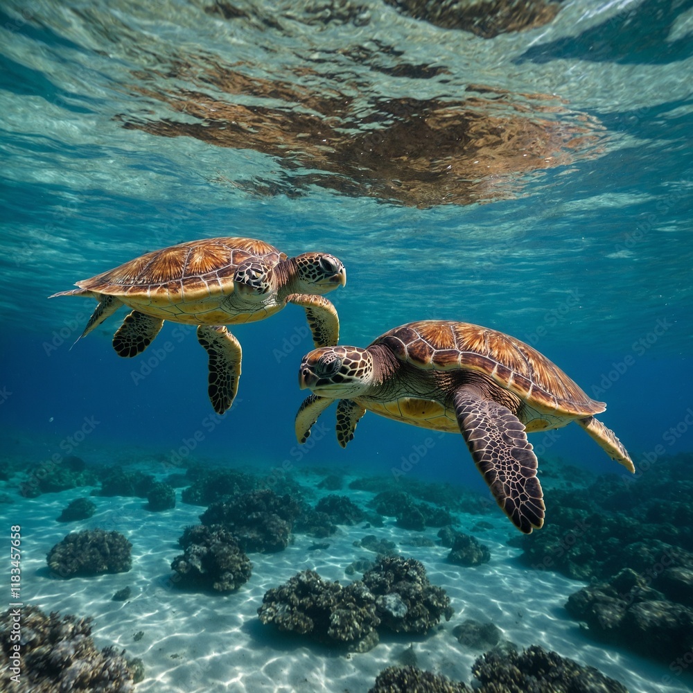 Obraz premium Sea turtles swimming near the island's shore in the crystal-clear water.