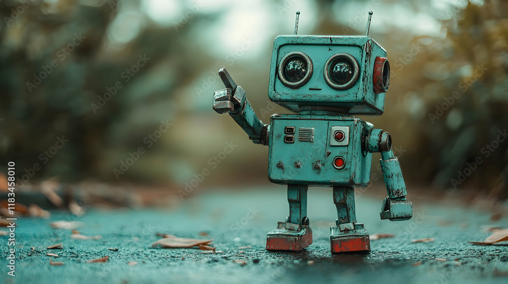 Fototapeta premium Vintage-Looking Blue Robot Standing Outdoors, Raising Its Hand in a Playful Gesture on a Blurred Background. Generative AI