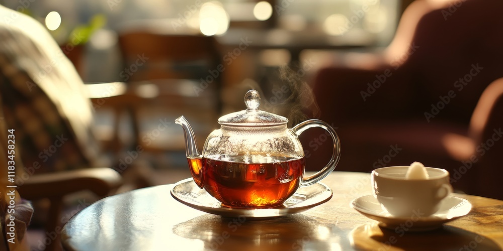 Cozy cafe setting featuring a teapot of black tea, a glass cup, and sugar, perfect for enjoying hot tea on a cold day in a warm atmosphere. Experience the comfort of black tea. Cozy cafe setting featuring a teapot of black tea, a glass cup, and sugar, perfect for enjoying hot tea on a cold day in a warm atmosphere. Experience the comfort of black tea.