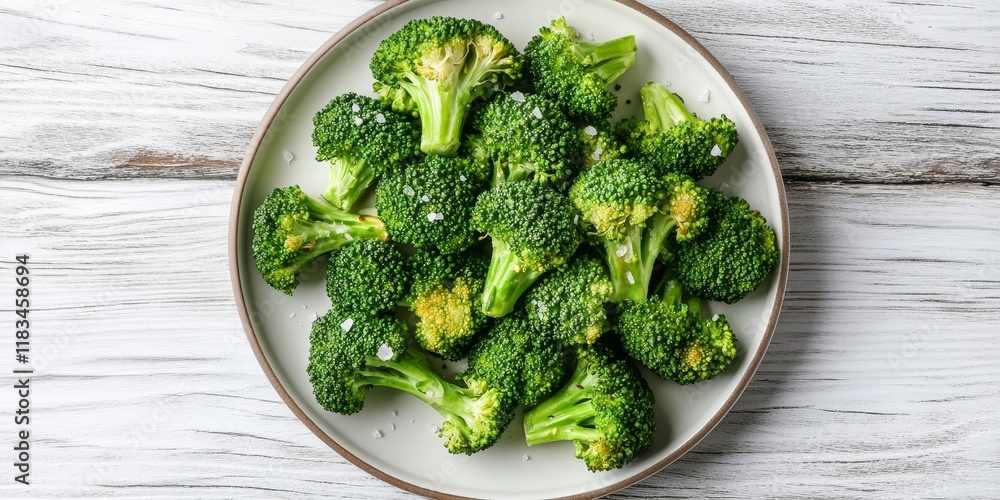 Delicious homemade roasted broccoli seasoned with salt and pepper arranged on a plate atop a white wooden surface. Enjoy this flavorful homemade roasted broccoli from a top view perspective.