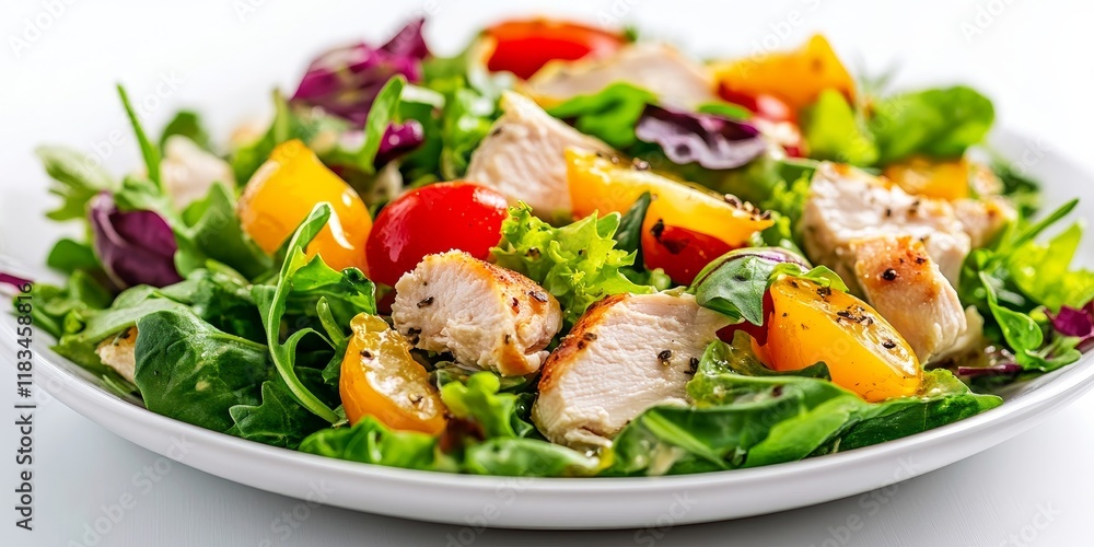 Delicious chicken salad served on a plate against a clean white background, highlighting the vibrant ingredients in this appetizing chicken salad dish for culinary enthusiasts. Delicious chicken salad served on a plate against a clean white background, highlighting the vibrant ingredients in this appetizing chicken salad dish for culinary enthusiasts.