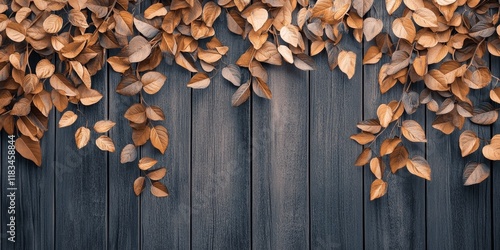 Leaves gently descend on a textured wooden pattern, creating a serene and natural ambiance. The combination of leaves and wood enhances the beauty of the wooden pattern in a striking way. photo