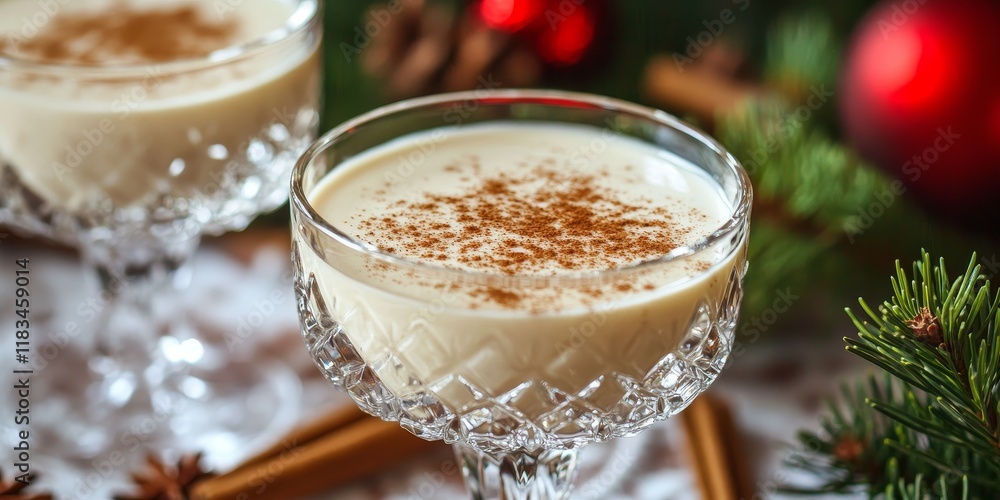 Eggnog served in a crystal bowl, beautifully garnished with a sprinkle of cinnamon, perfect for celebrating Christmas festively. Christmas eggnog in a crystal bowl with cinnamon. Eggnog served in a crystal bowl, beautifully garnished with a sprinkle of cinnamon, perfect for celebrating Christmas festively. Christmas eggnog in a crystal bowl with cinnamon.