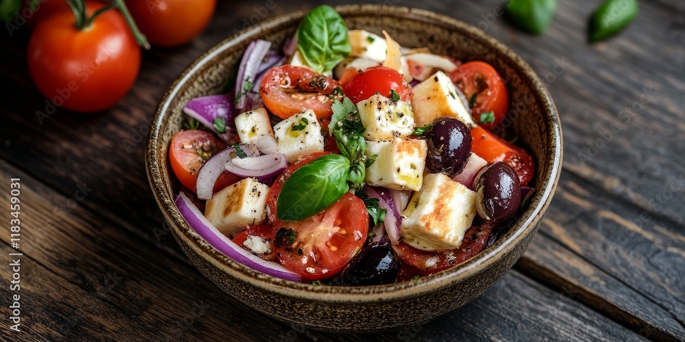 Feta cheese salad presented in a ceramic bowl features olives, tomatoes, onions, coriander, olive oil, halloumi cheese, and basil, all beautifully arranged over a dark wooden background. Feta cheese salad presented in a ceramic bowl features olives, tomatoes, onions, coriander, olive oil, halloumi cheese, and basil, all beautifully arranged over a dark wooden background.