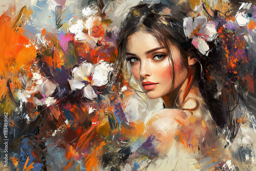 Modern art painting portrait of beautiful woman with flowers on colorful background