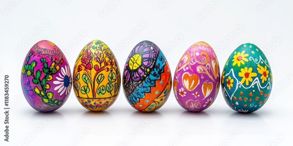Vibrant and colorful handmade Easter eggs are beautifully displayed, isolated on a clean white background, showcasing intricate designs and craftsmanship in these delightful Easter egg creations. Vibrant and colorful handmade Easter eggs are beautifully displayed, isolated on a clean white background, showcasing intricate designs and craftsmanship in these delightful Easter egg creations.
