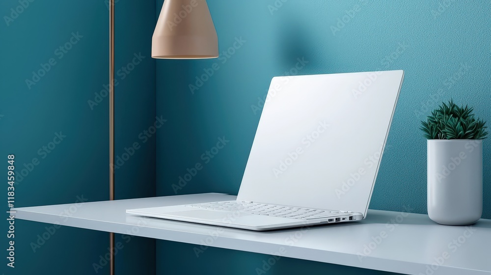Ultra-sharp image of a simple workspace sleek laptop white desk nothing else Ultra-sharp image of a simple workspace sleek laptop white desk nothing else