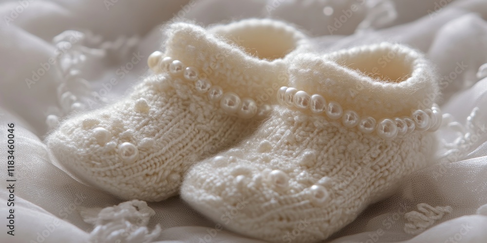 Delicate handmade white baby booties adorned with pearls, perfect for adding a touch of elegance. These handmade white baby booties are ideal for special occasions and gifts. Delicate handmade white baby booties adorned with pearls, perfect for adding a touch of elegance. These handmade white baby booties are ideal for special occasions and gifts.