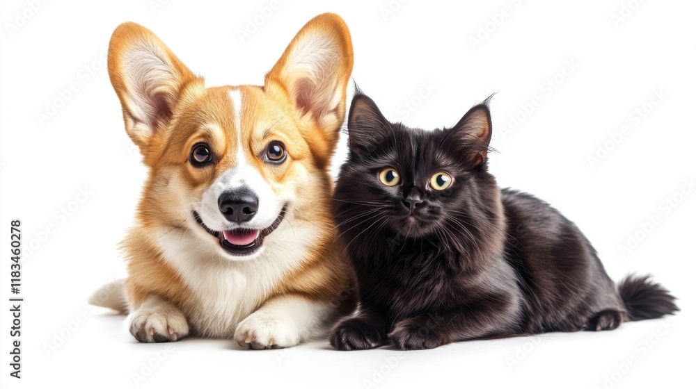 Obraz premium A cheerful corgi and a black cat sit together, showcasing a cute friendship between two beloved pets.